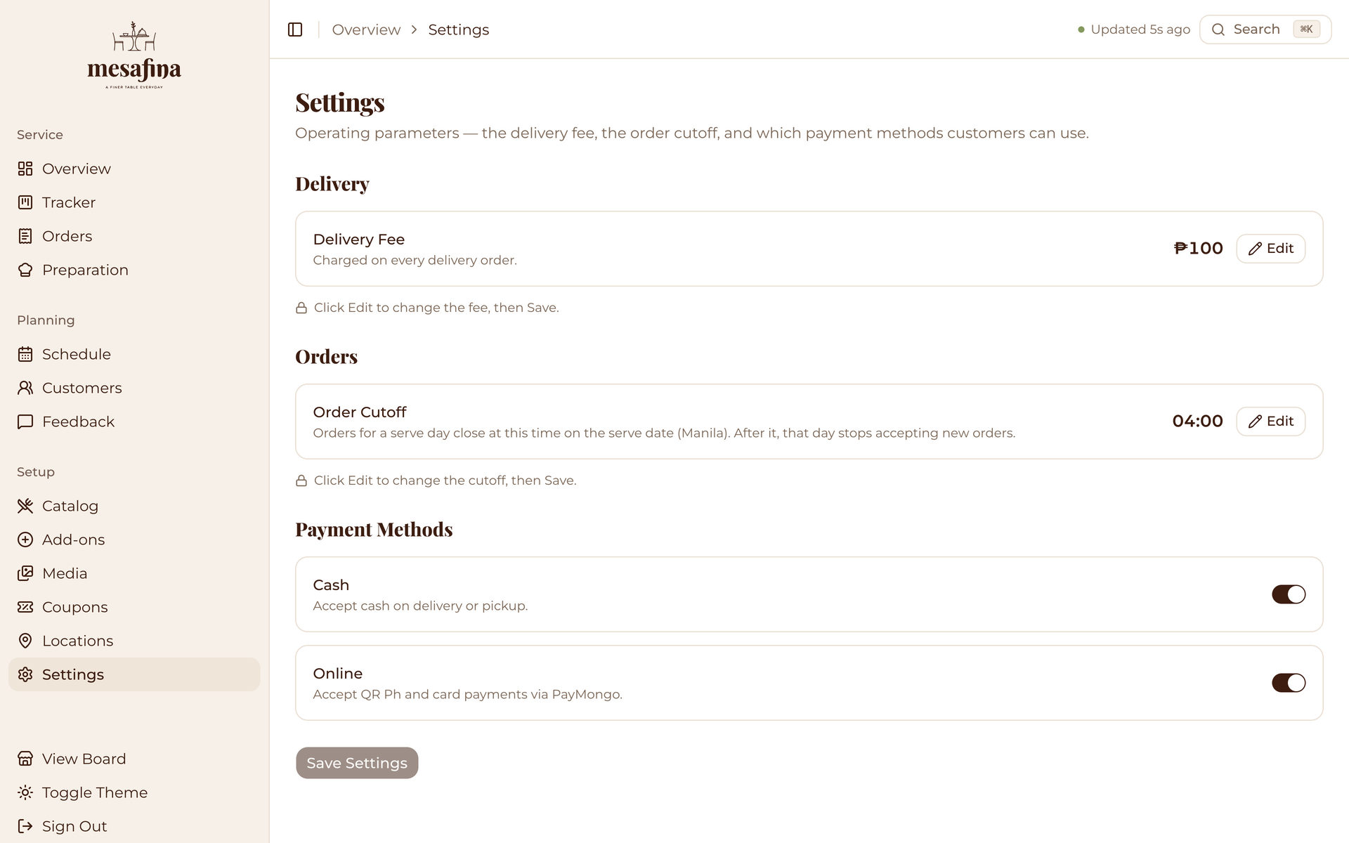 Mesafina Kitchen: Settings Form on the Setup page, desktop