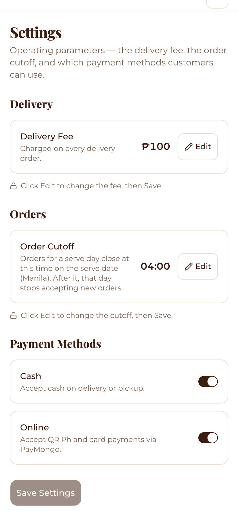 Mesafina Kitchen: Settings Form on the Setup page, mobile