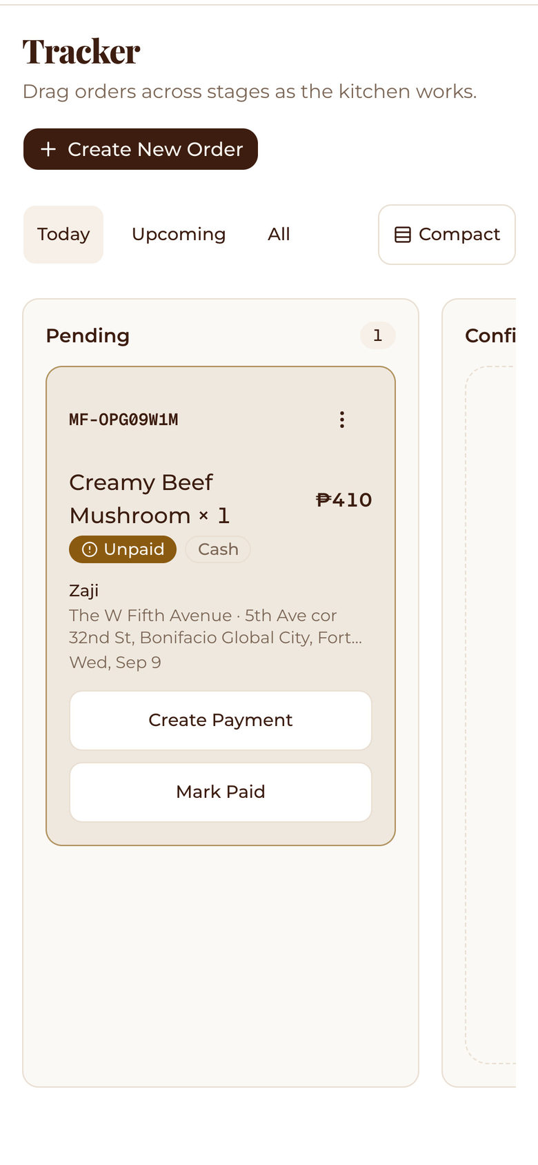 Mesafina Kitchen: Stage Board on the Service page, mobile