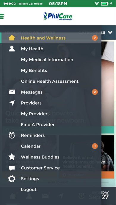 PhilCare: Menu on the Menu page, mobile