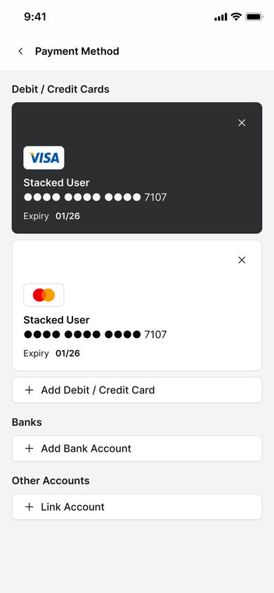 Stacked: Cards Linked on the Payment page, mobile