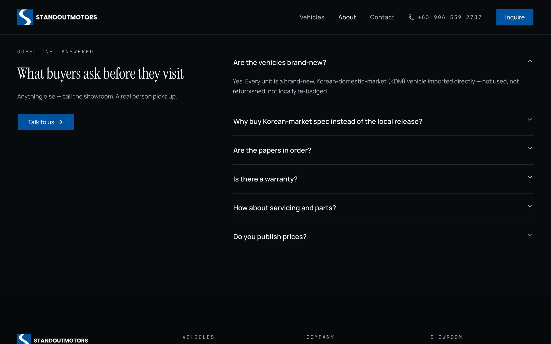 Standout Motors: FAQ on the About page, desktop