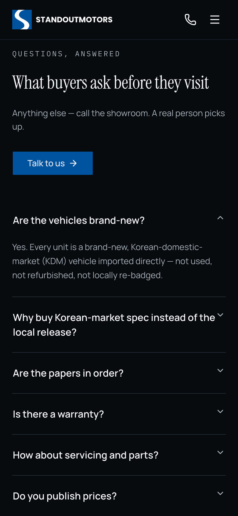 Standout Motors: FAQ on the About page, mobile