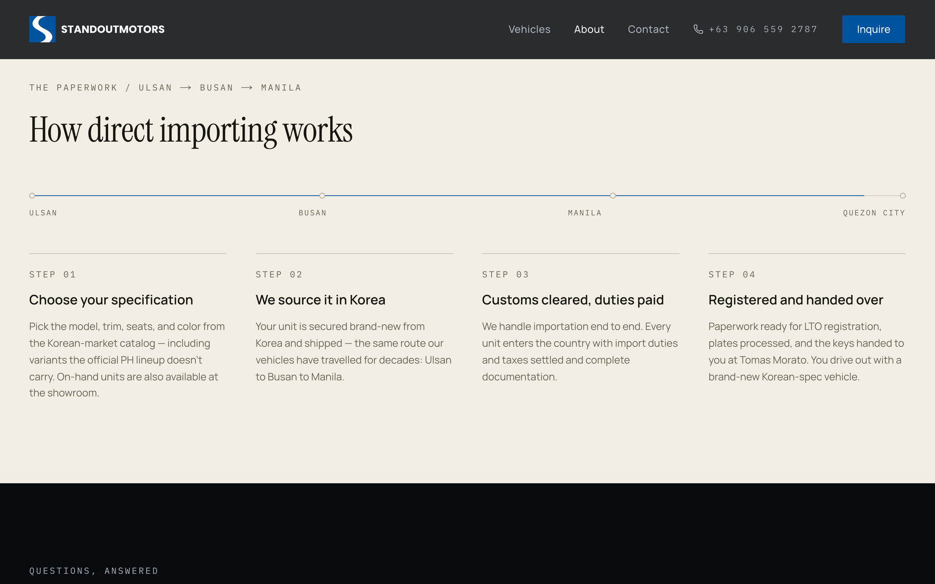 Standout Motors: How Importing Works on the About page, desktop