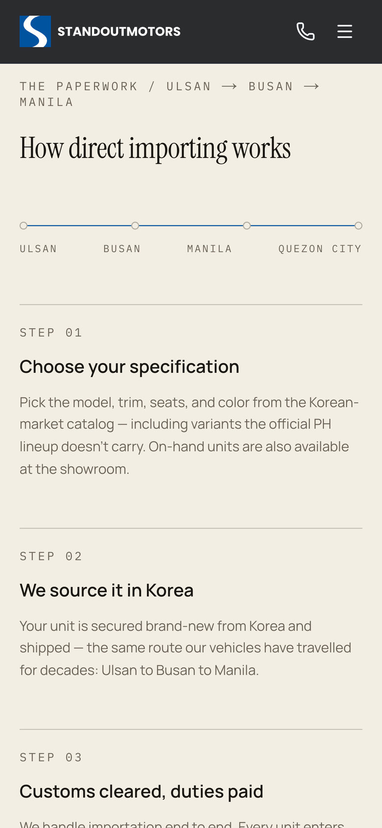 Standout Motors: How Importing Works on the About page, mobile
