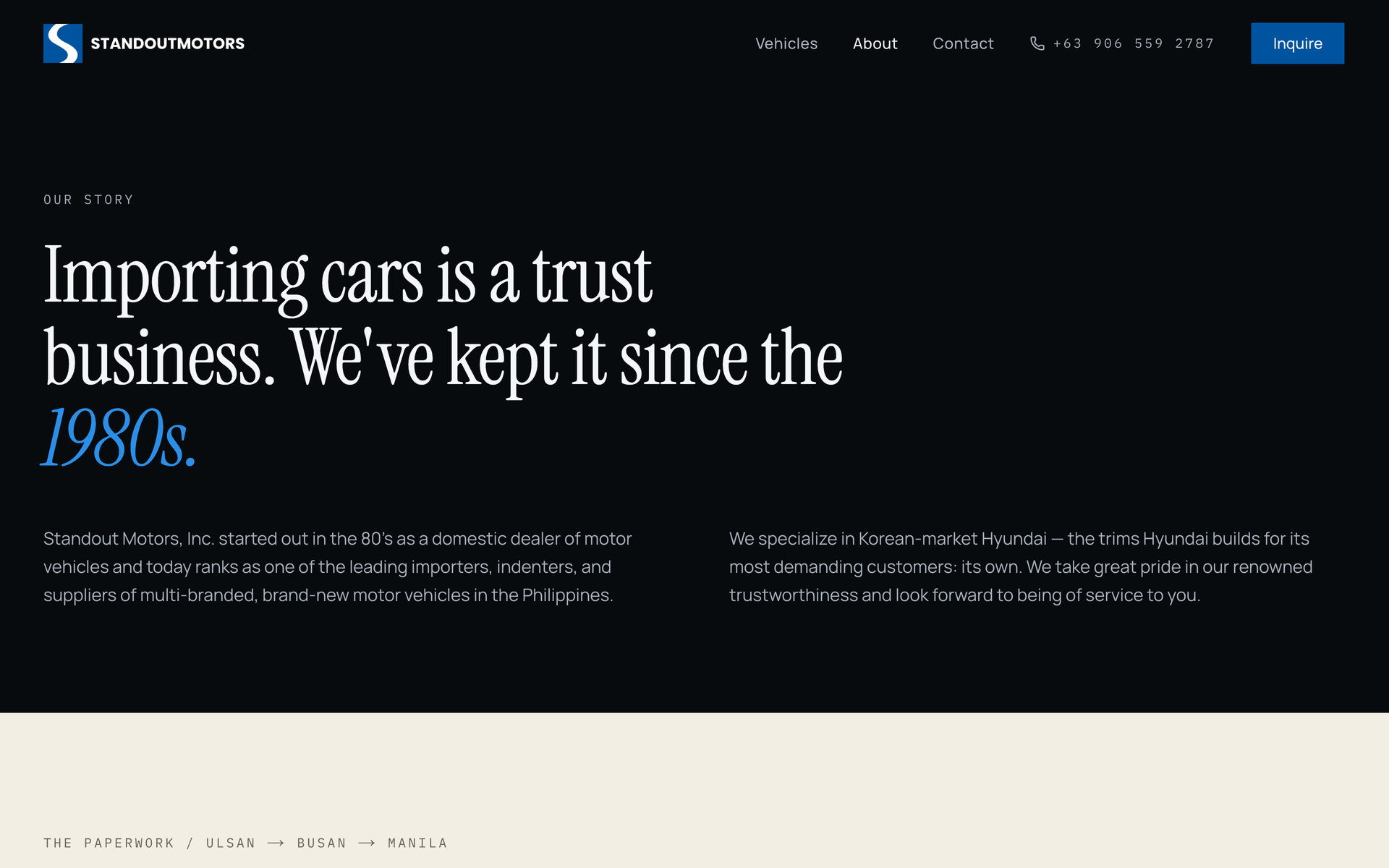 Standout Motors: Our Story on the About page, desktop
