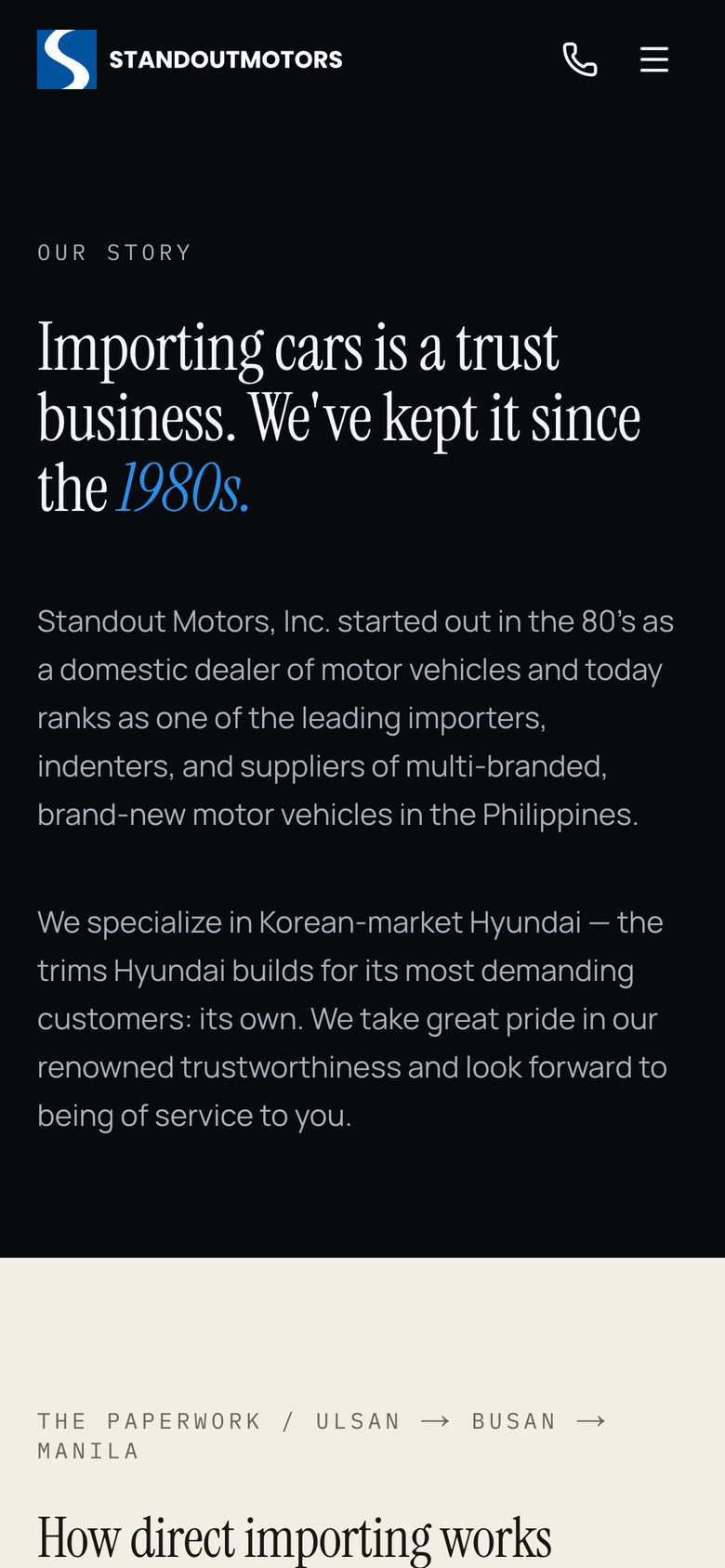 Standout Motors: Our Story on the About page, mobile