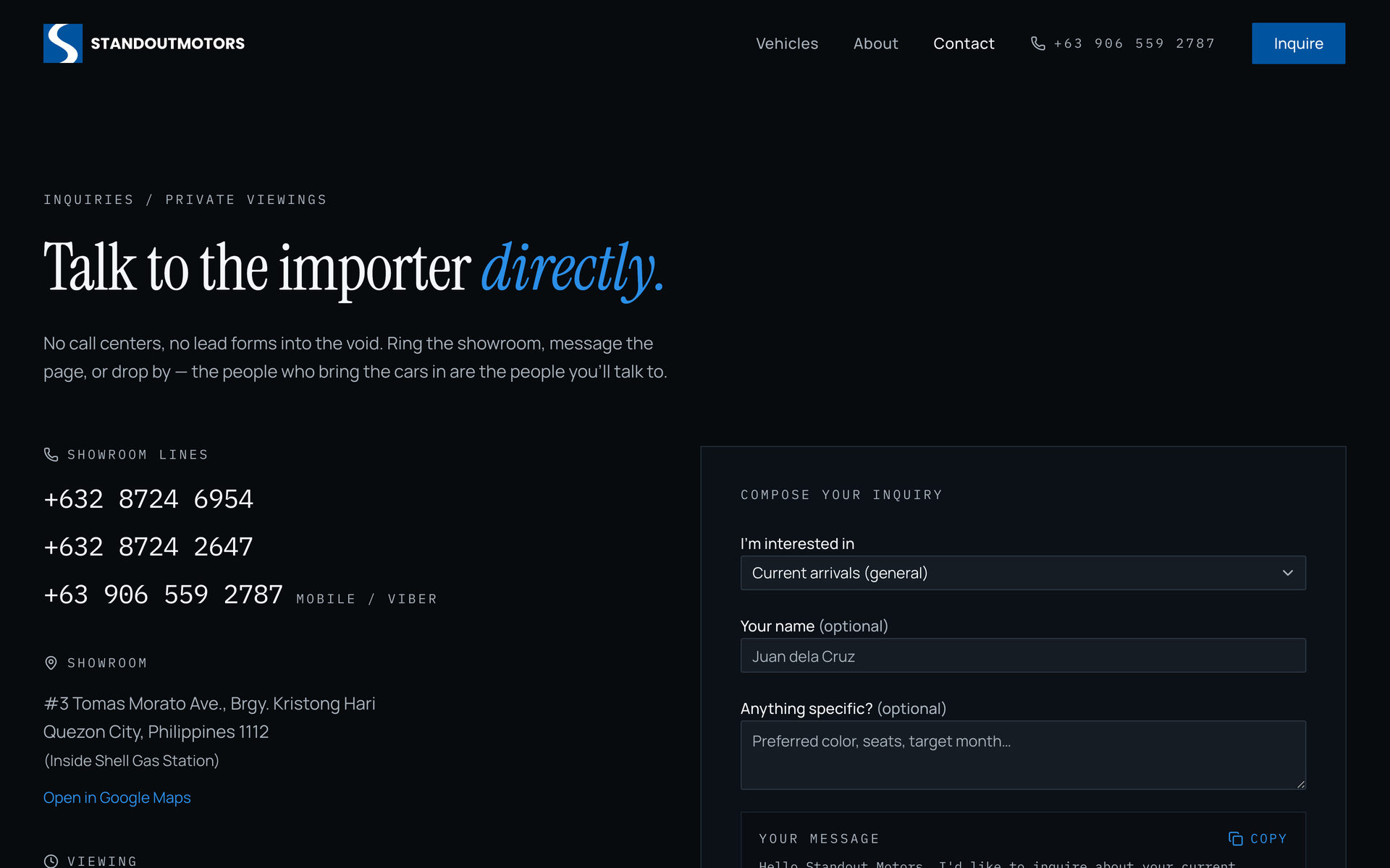 Standout Motors: Inquiries on the Contact page, desktop