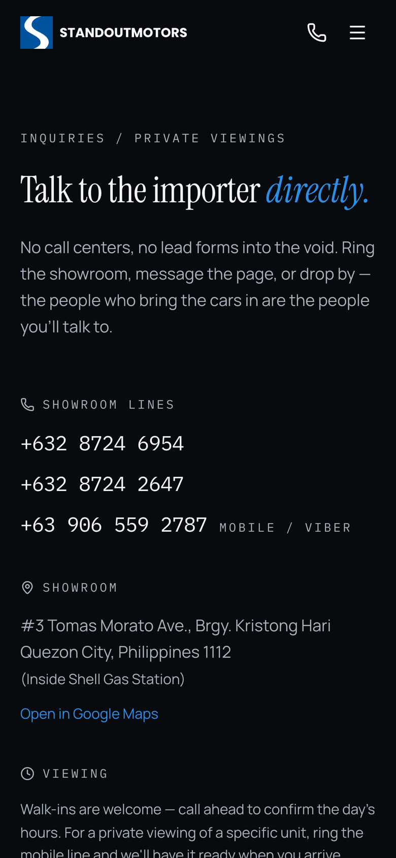 Standout Motors: Inquiries on the Contact page, mobile