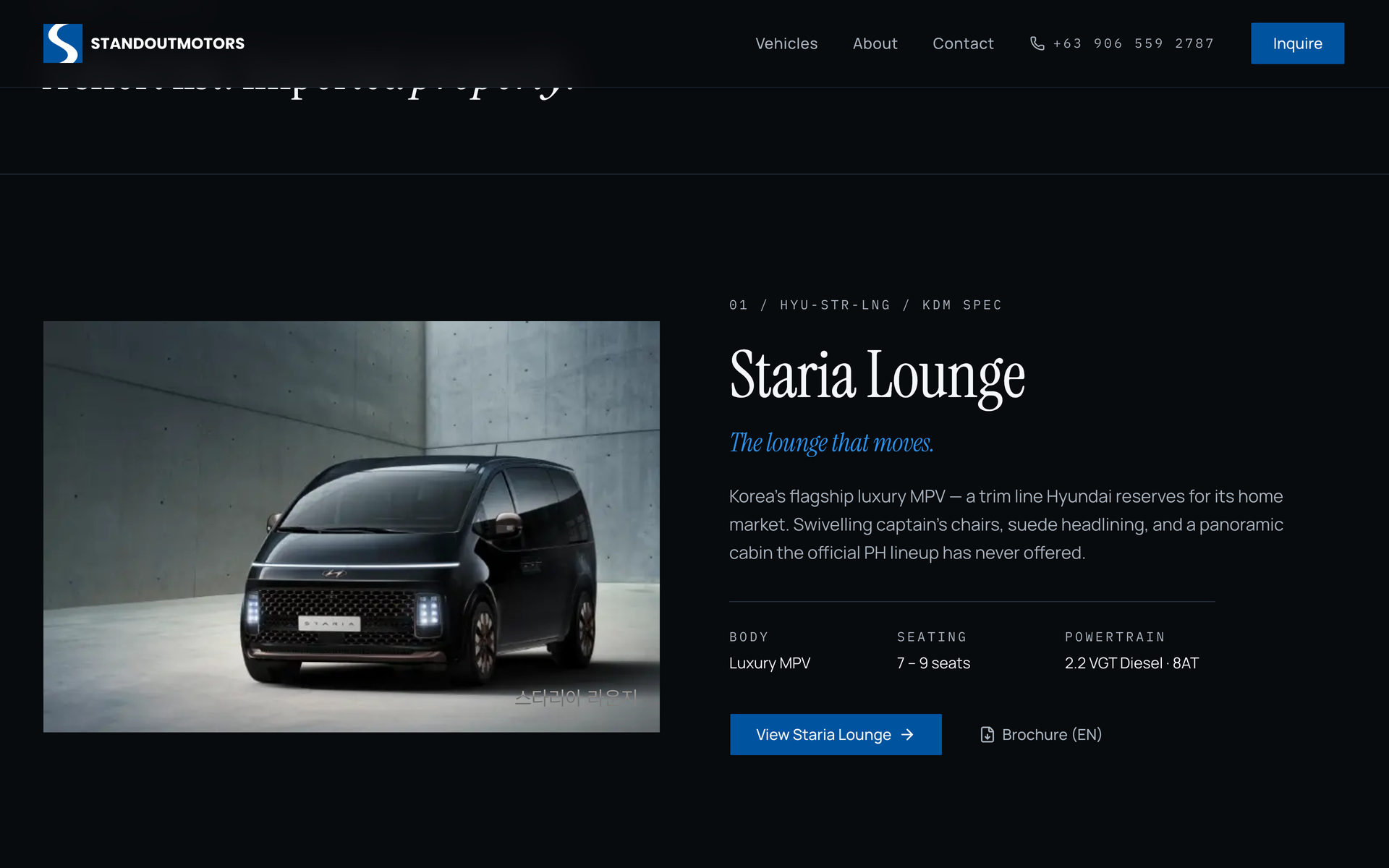 Standout Motors: Current Arrivals on the Home page, desktop