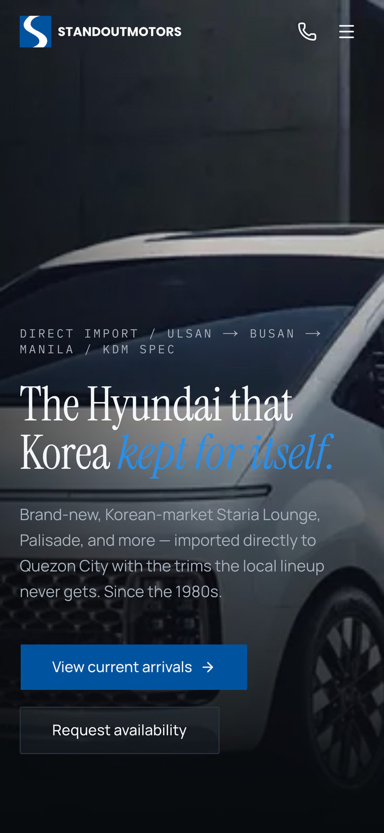 Standout Motors: Hero on the Home page, mobile