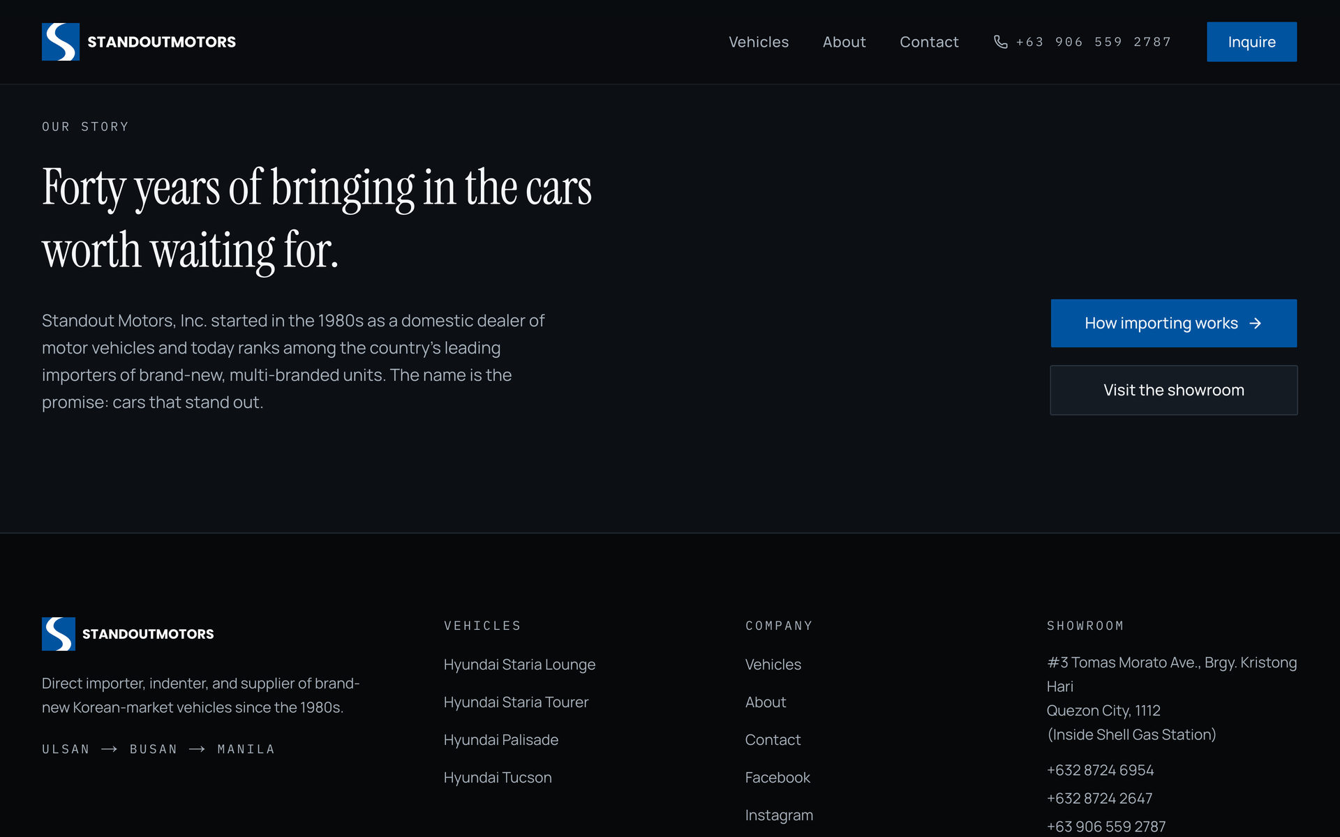 Standout Motors: Our Story on the Home page, desktop