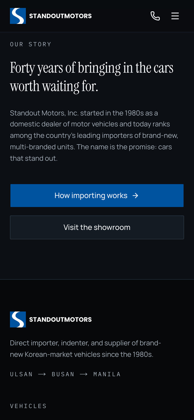 Standout Motors: Our Story on the Home page, mobile