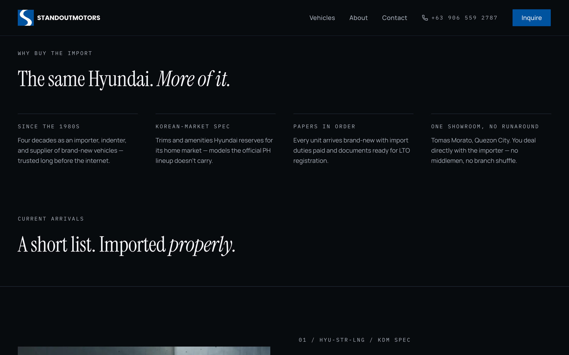 Standout Motors: Why Buy the Import on the Home page, desktop