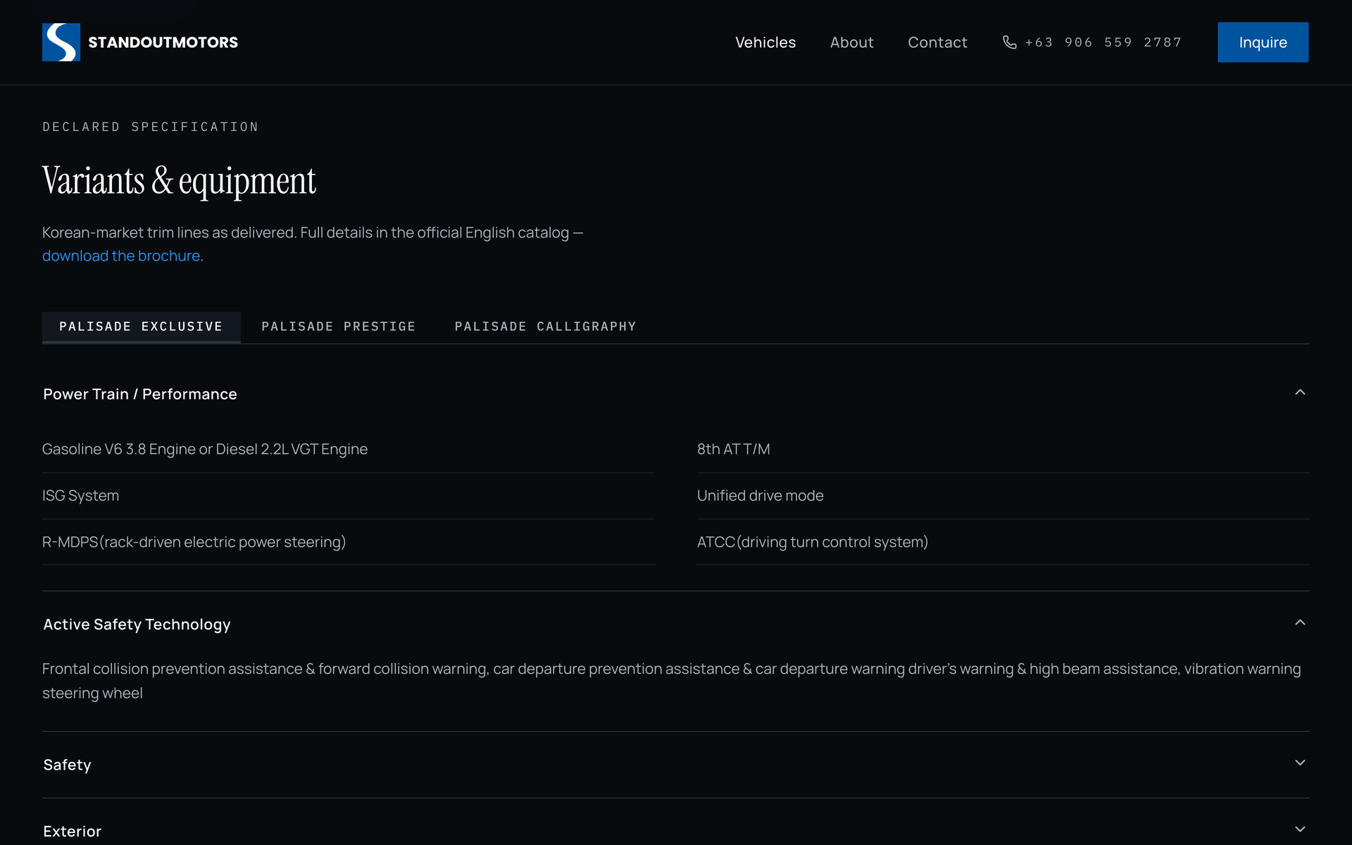 Standout Motors: Declared Specification on the Vehicles page, desktop