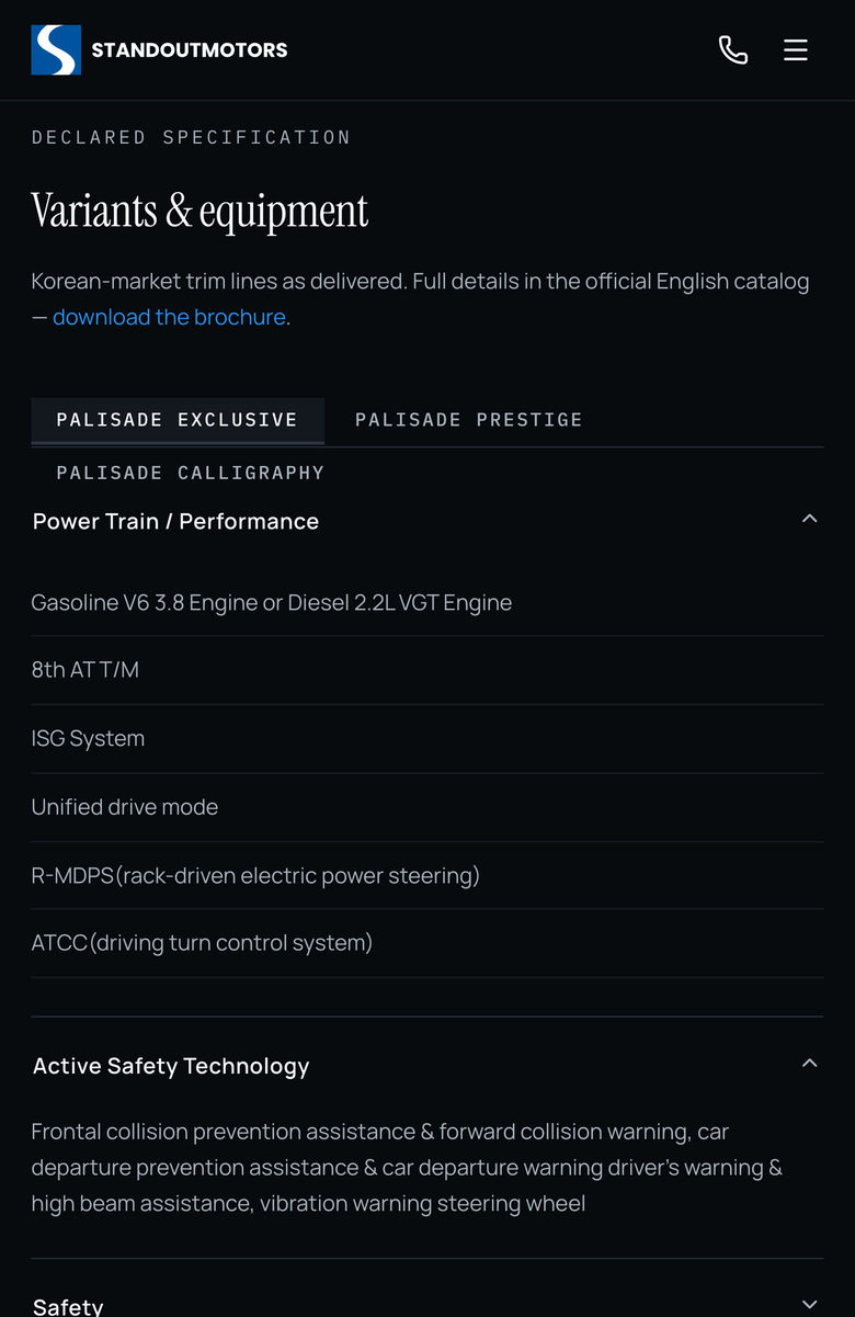 Standout Motors: Declared Specification on the Vehicles page, mobile