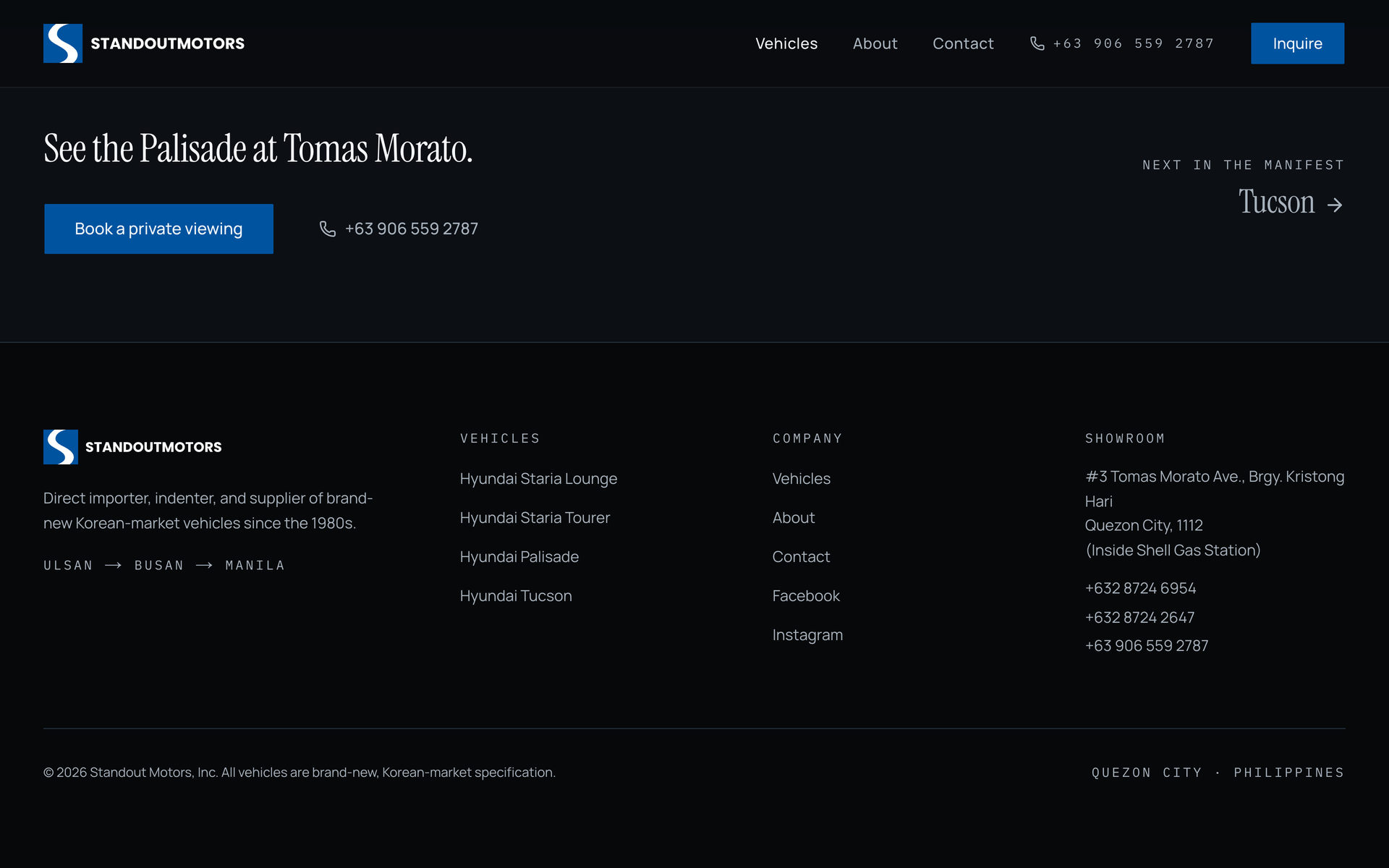 Standout Motors: Showroom Call on the Vehicles page, desktop