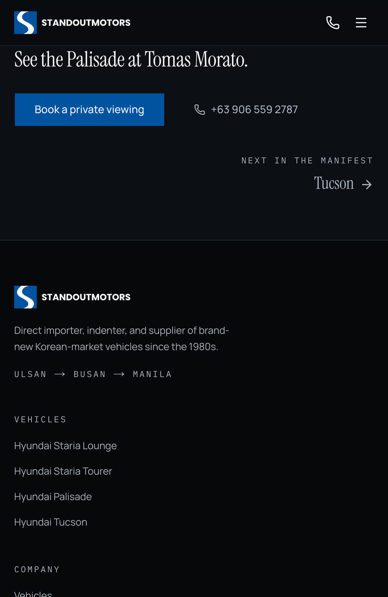 Standout Motors: Showroom Call on the Vehicles page, mobile
