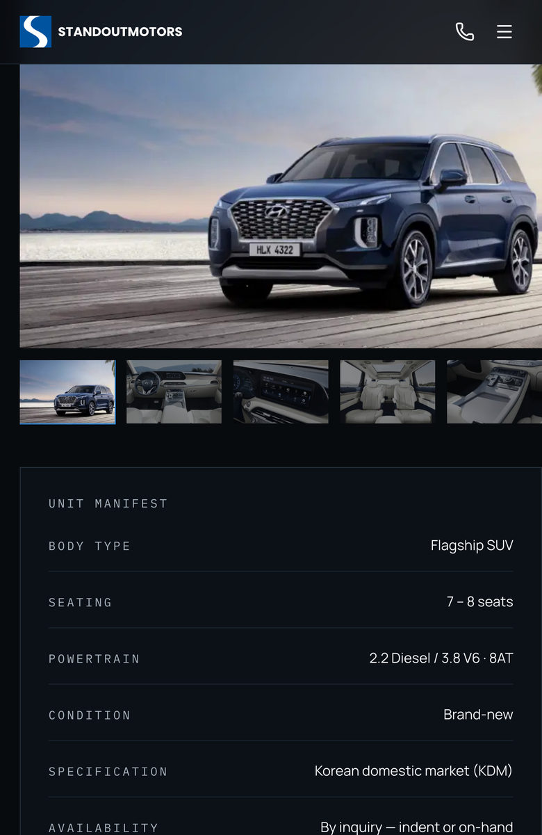 Standout Motors: Unit Manifest Gallery on the Vehicles page, mobile