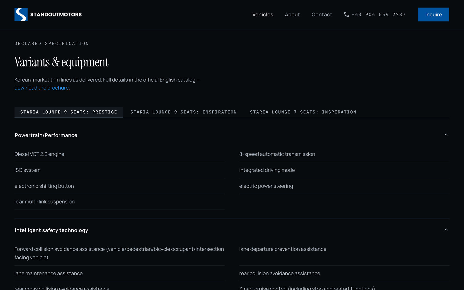 Standout Motors: Declared Specification on the Vehicles page, desktop
