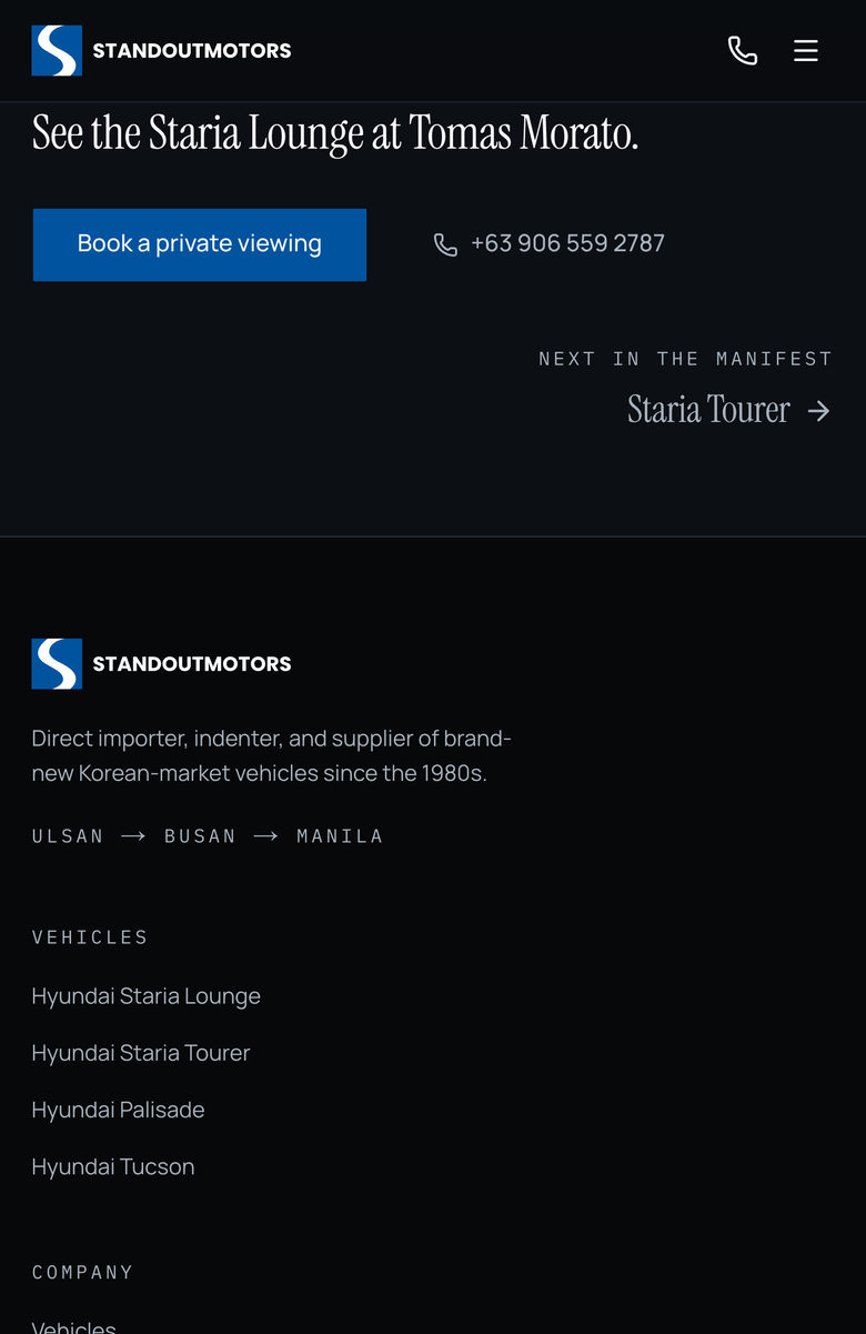 Standout Motors: Showroom Call on the Vehicles page, mobile
