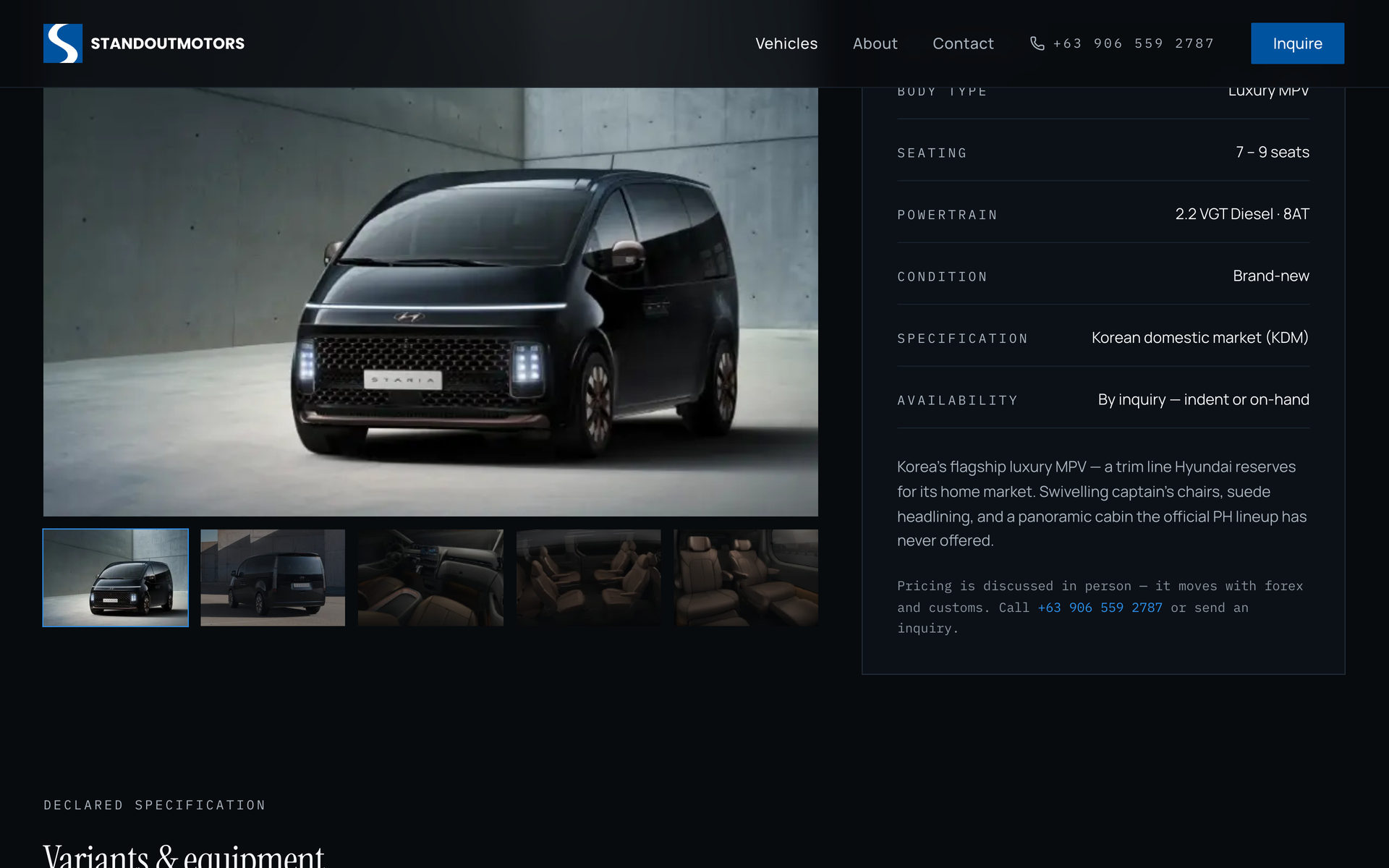 Standout Motors: Unit Manifest Gallery on the Vehicles page, desktop