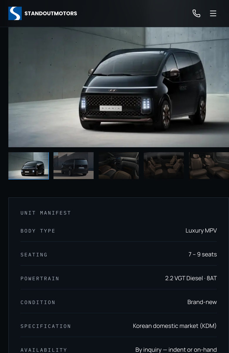 Standout Motors: Unit Manifest Gallery on the Vehicles page, mobile