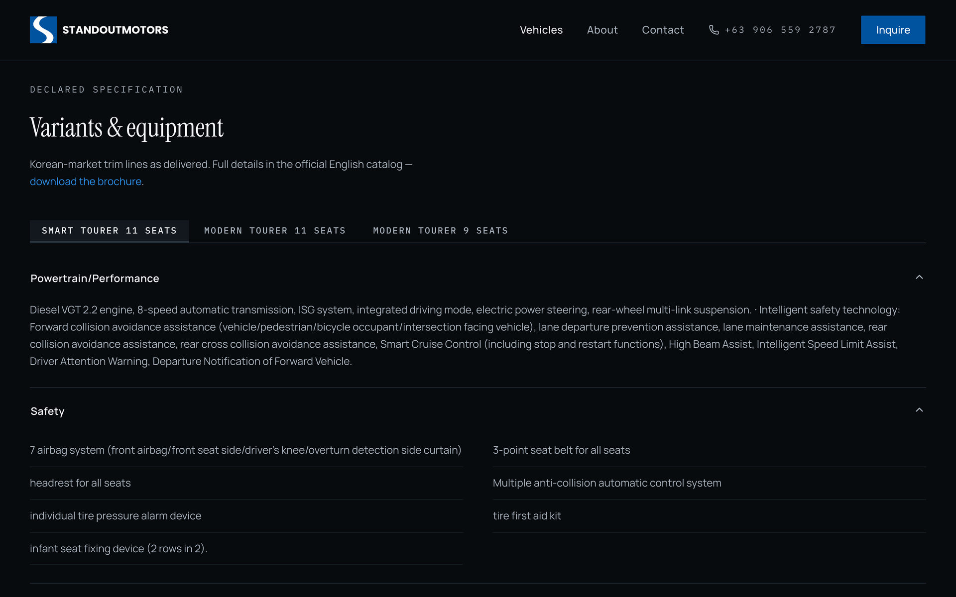 Standout Motors: Declared Specification on the Vehicles page, desktop