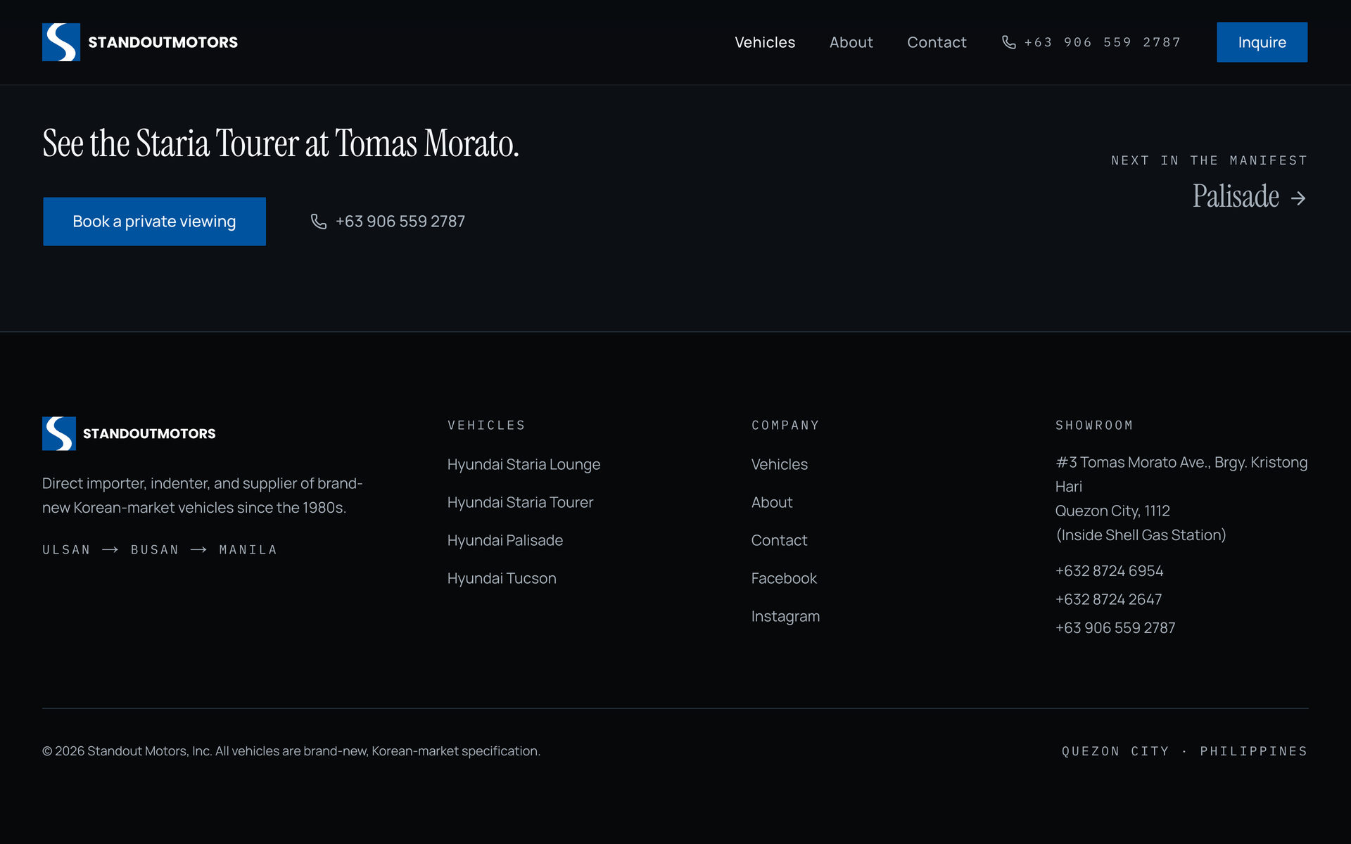 Standout Motors: Showroom Call on the Vehicles page, desktop