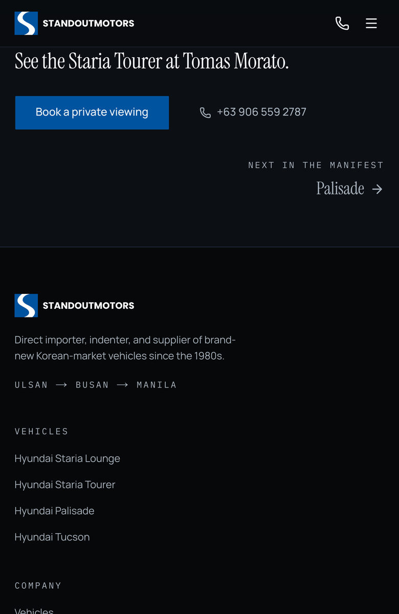 Standout Motors: Showroom Call on the Vehicles page, mobile