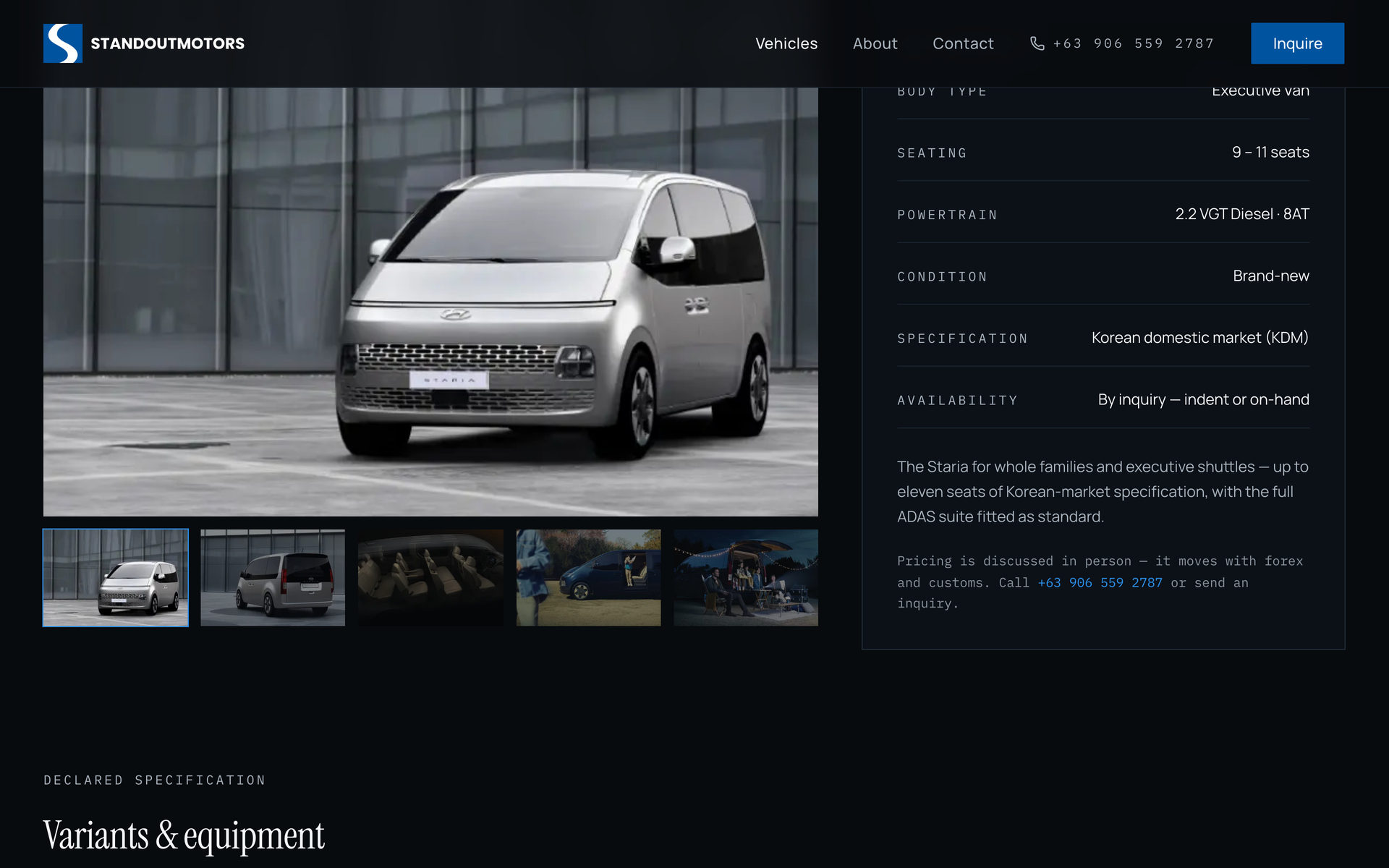 Standout Motors: Unit Manifest Gallery on the Vehicles page, desktop