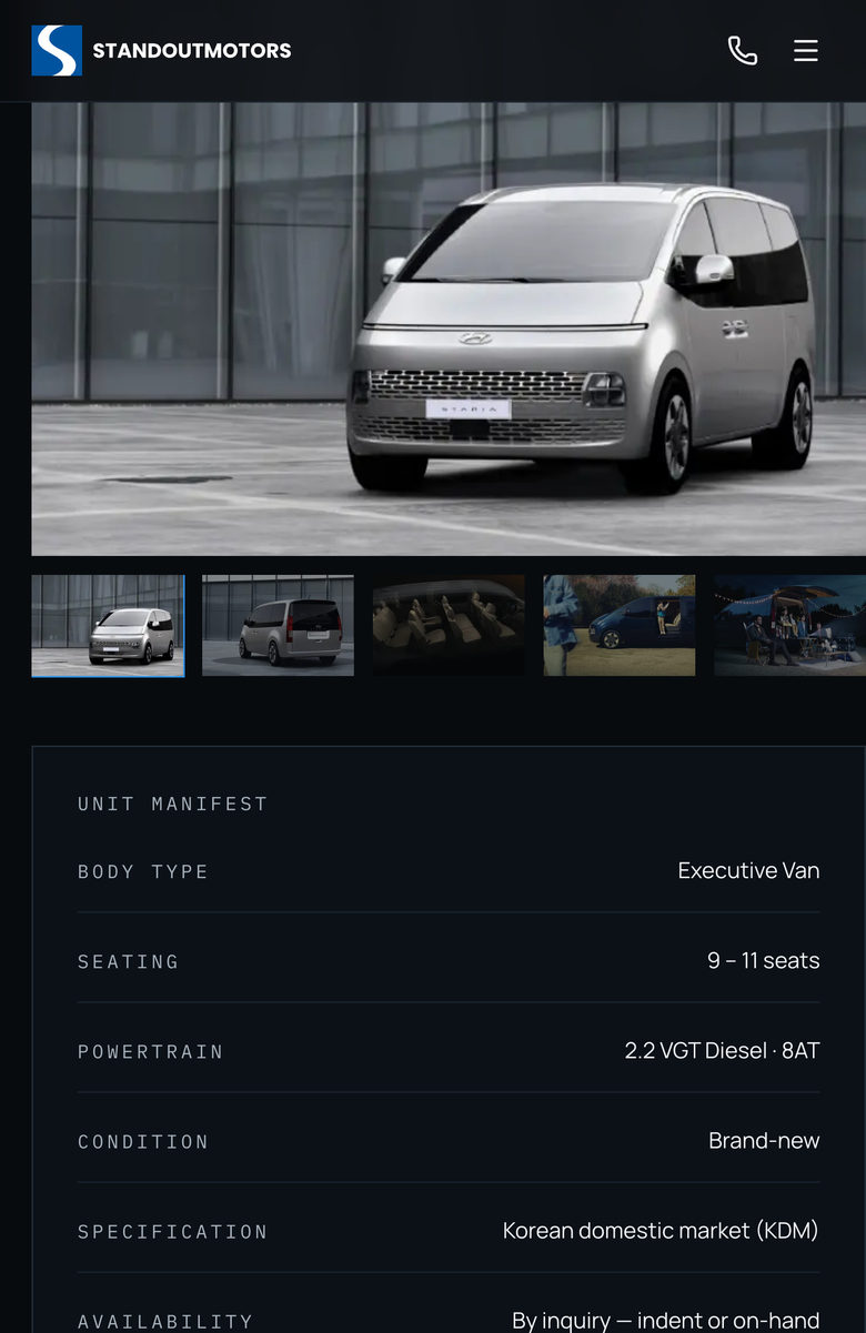 Standout Motors: Unit Manifest Gallery on the Vehicles page, mobile