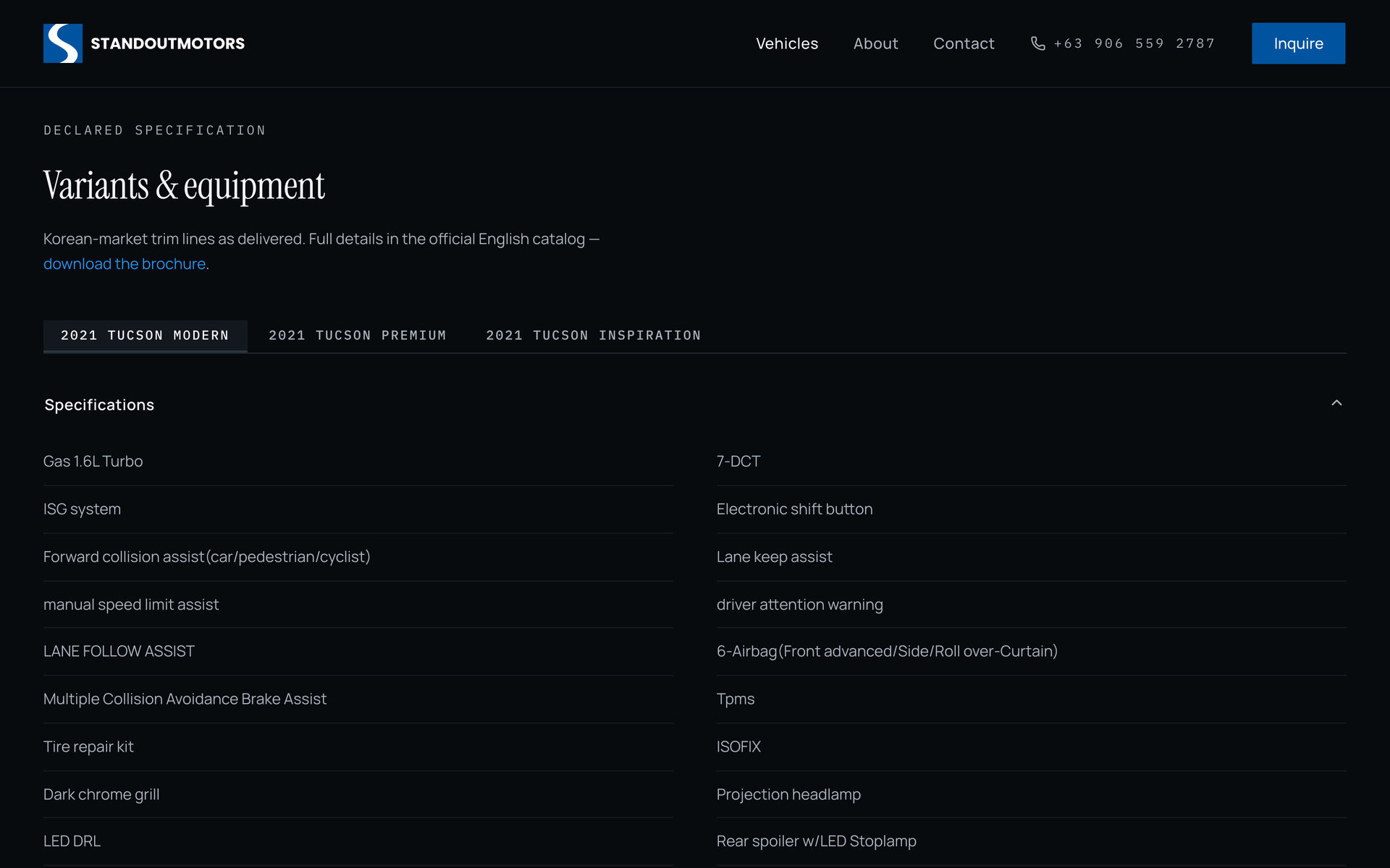 Standout Motors: Declared Specification on the Vehicles page, desktop