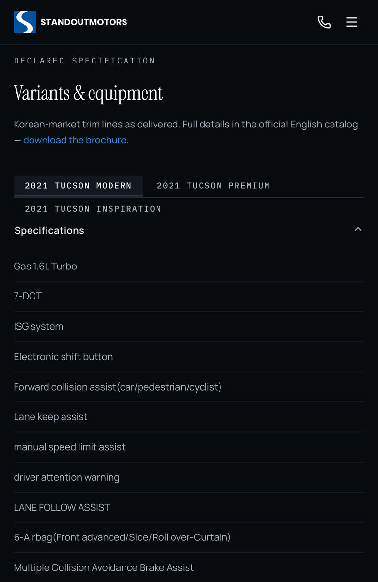 Standout Motors: Declared Specification on the Vehicles page, mobile