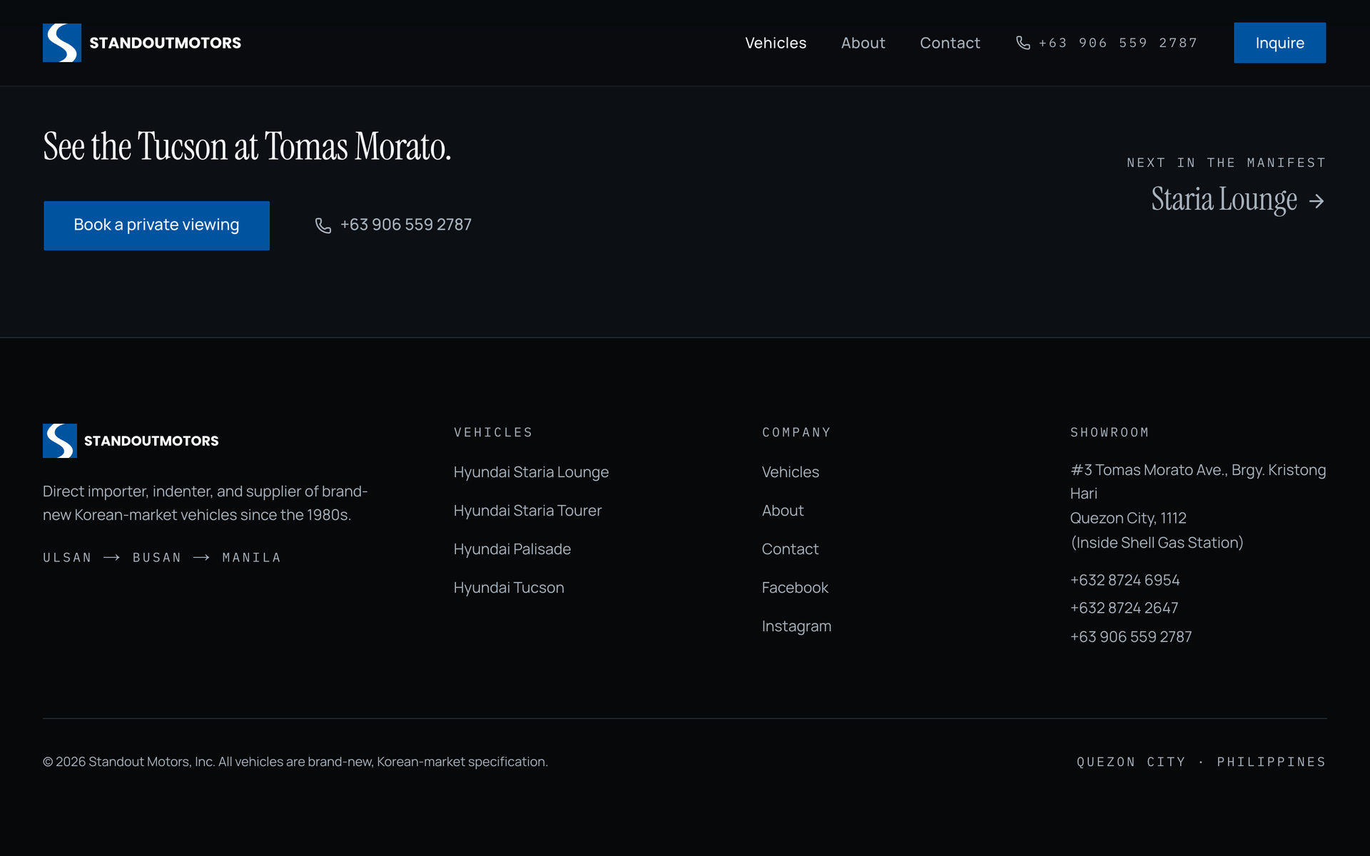 Standout Motors: Showroom Call on the Vehicles page, desktop