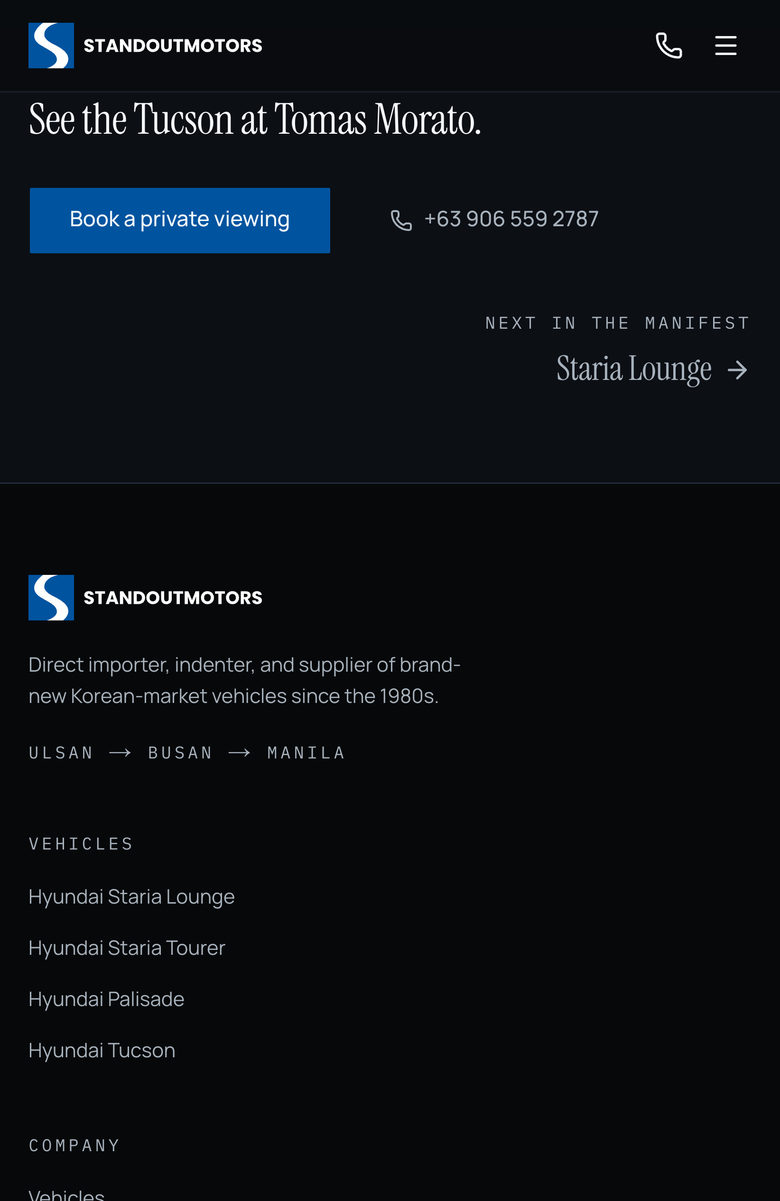 Standout Motors: Showroom Call on the Vehicles page, mobile