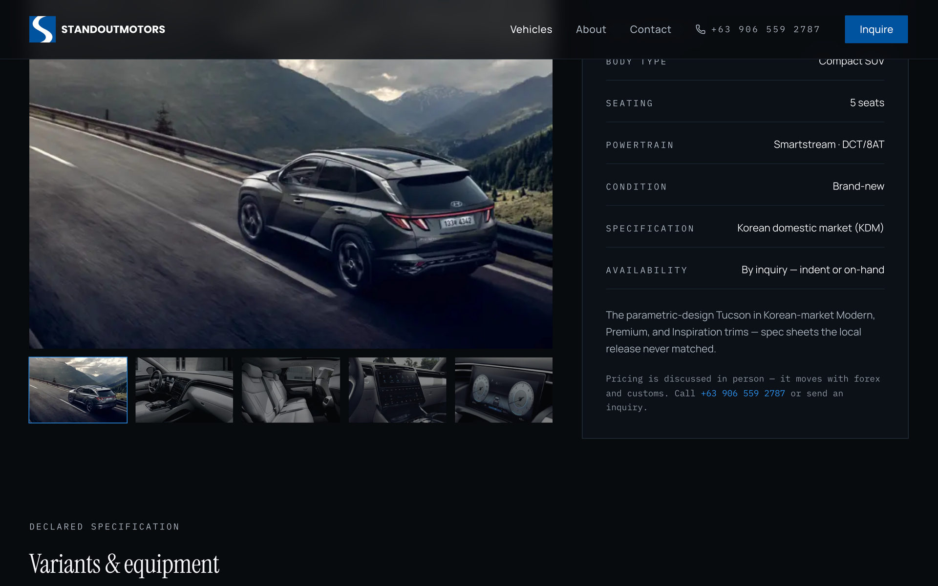 Standout Motors: Unit Manifest Gallery on the Vehicles page, desktop