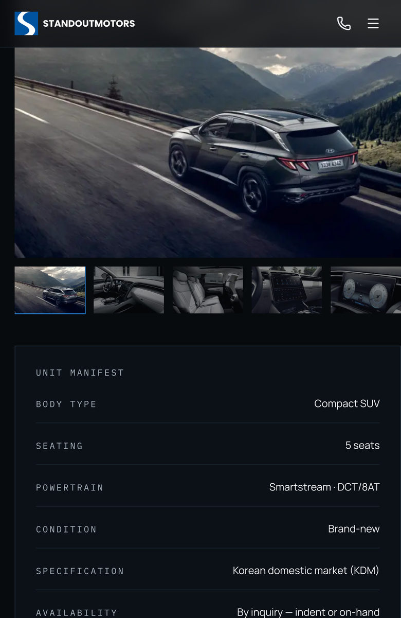 Standout Motors: Unit Manifest Gallery on the Vehicles page, mobile