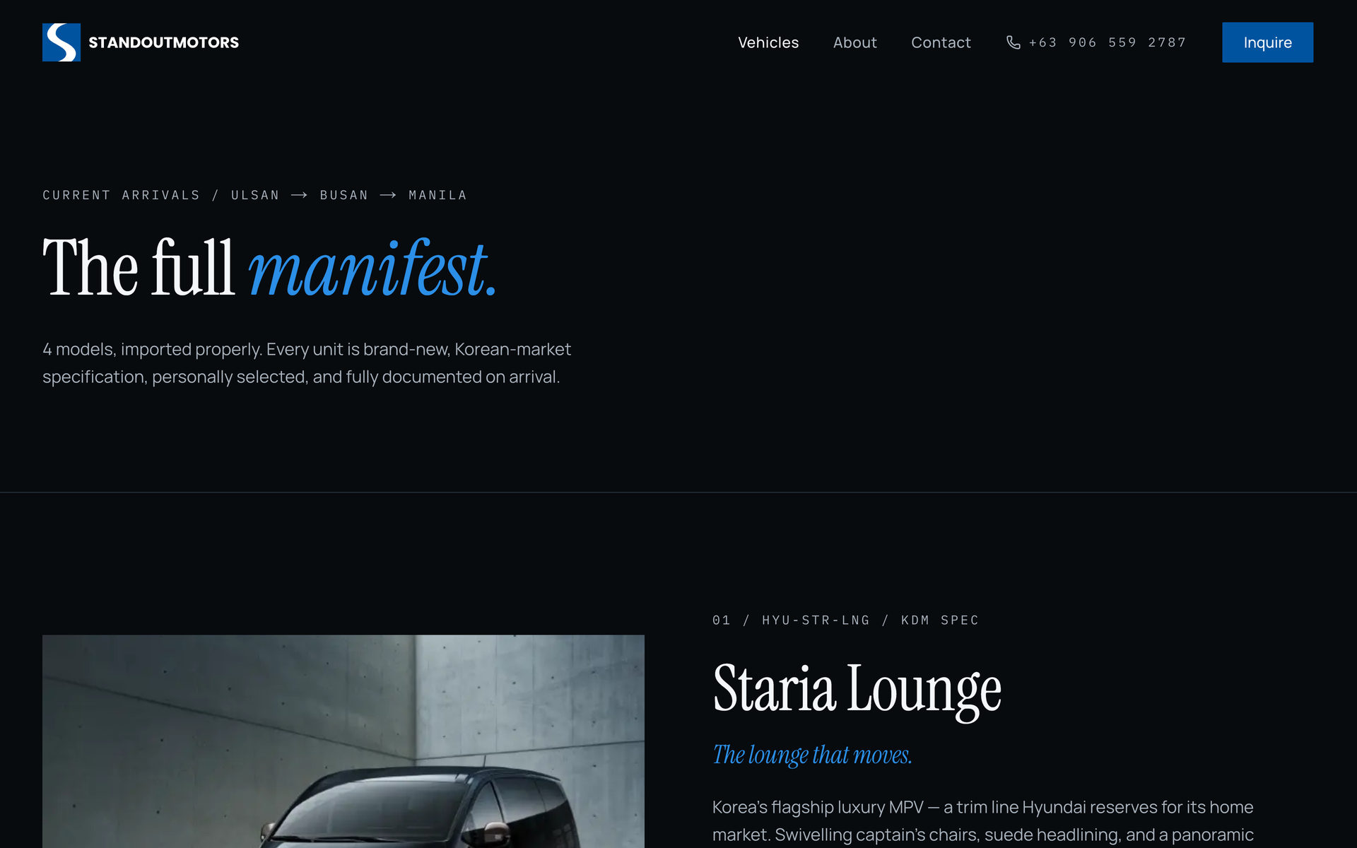 Standout Motors: Manifest Intro on the Vehicles page, desktop