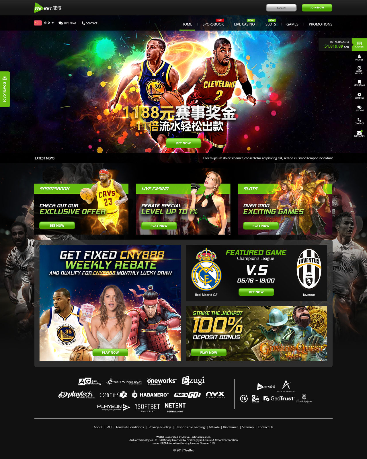 WeBet: Home on the Home page, desktop