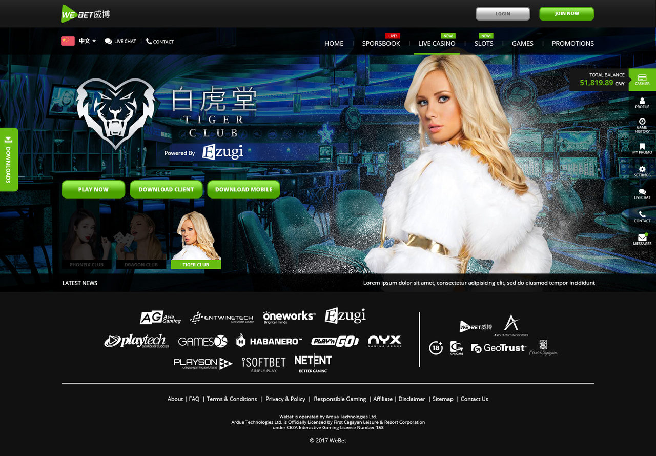 WeBet: Lobby on the Live Casino page, desktop