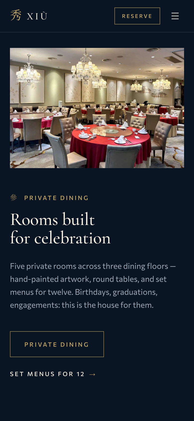 Xiu Fine Cantonese Dining: Private Dining on the Home page, mobile