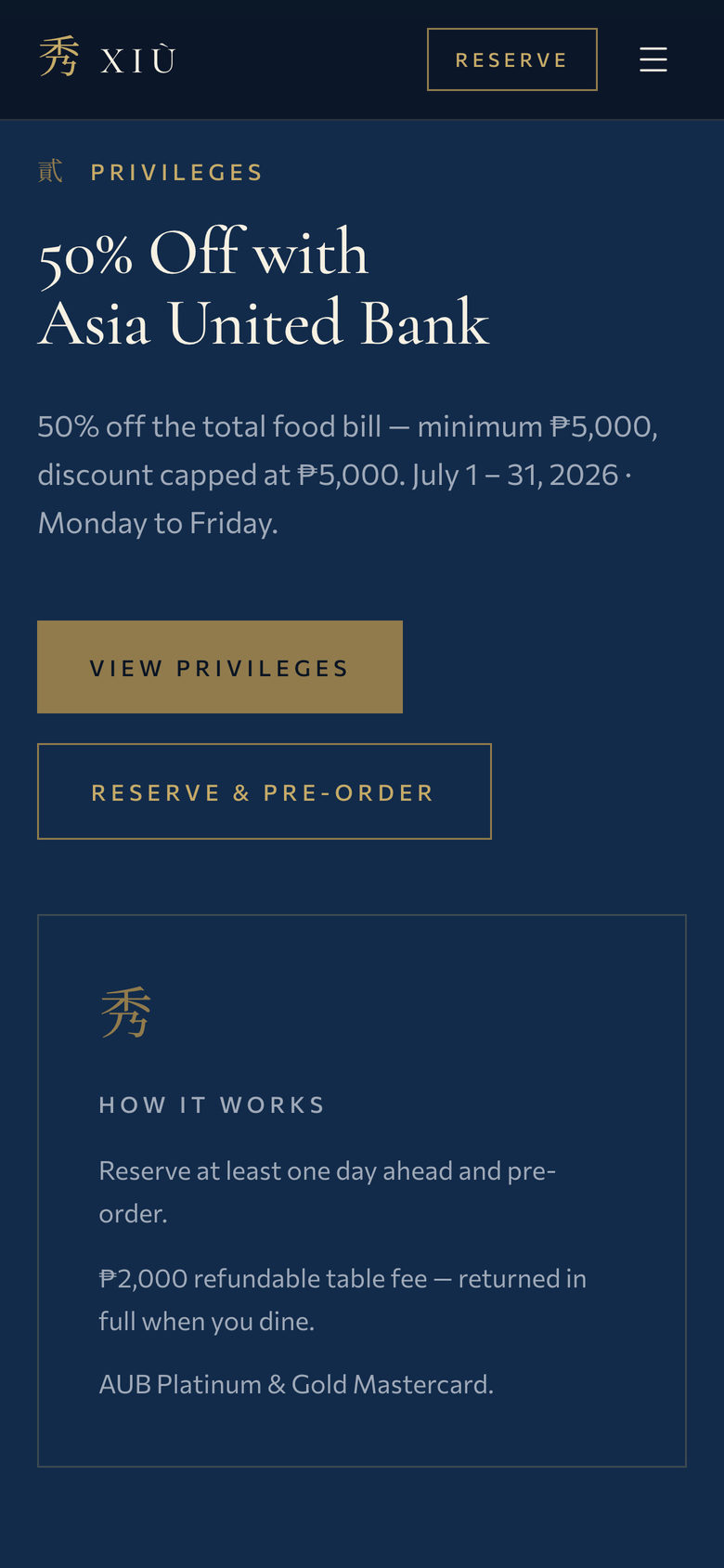 Xiu Fine Cantonese Dining: Privileges on the Home page, mobile