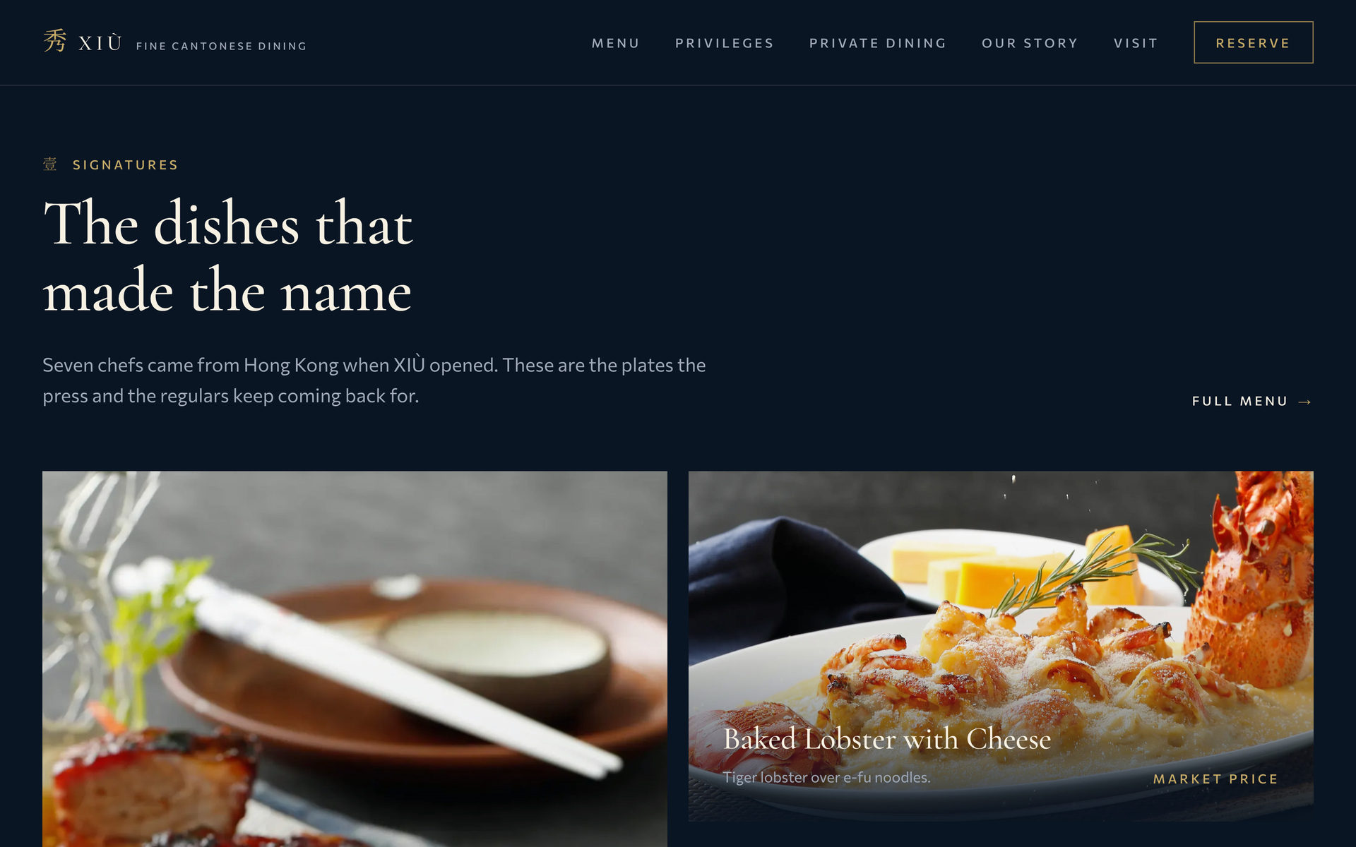 Xiu Fine Cantonese Dining: Signatures on the Home page, desktop