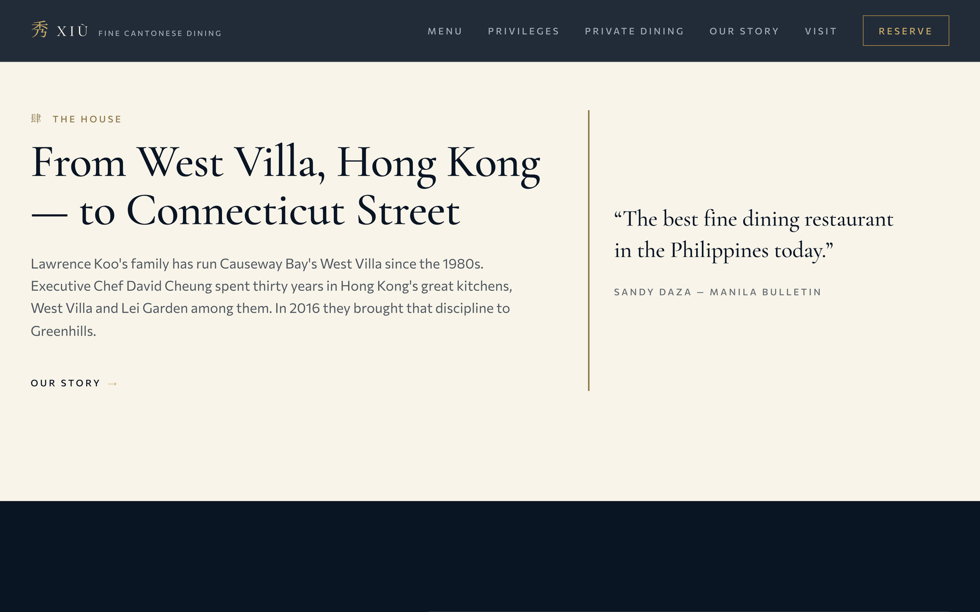 Xiu Fine Cantonese Dining: The House on the Home page, desktop