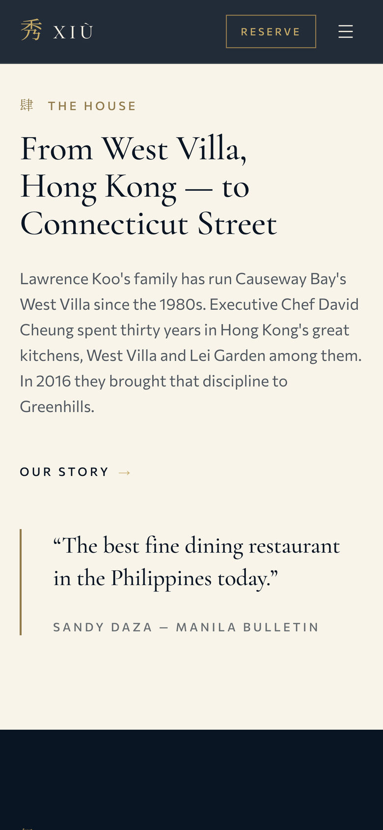 Xiu Fine Cantonese Dining: The House on the Home page, mobile