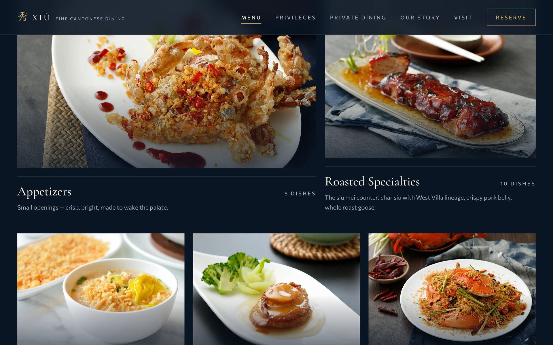 Xiu Fine Cantonese Dining: Chapters on the Menu page, desktop