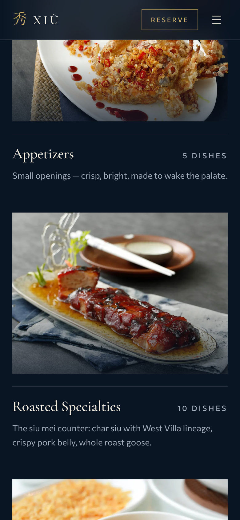 Xiu Fine Cantonese Dining: Chapters on the Menu page, mobile