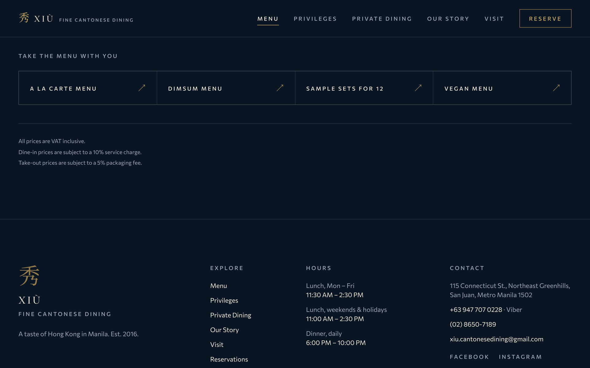 Xiu Fine Cantonese Dining: Downloads on the Menu page, desktop