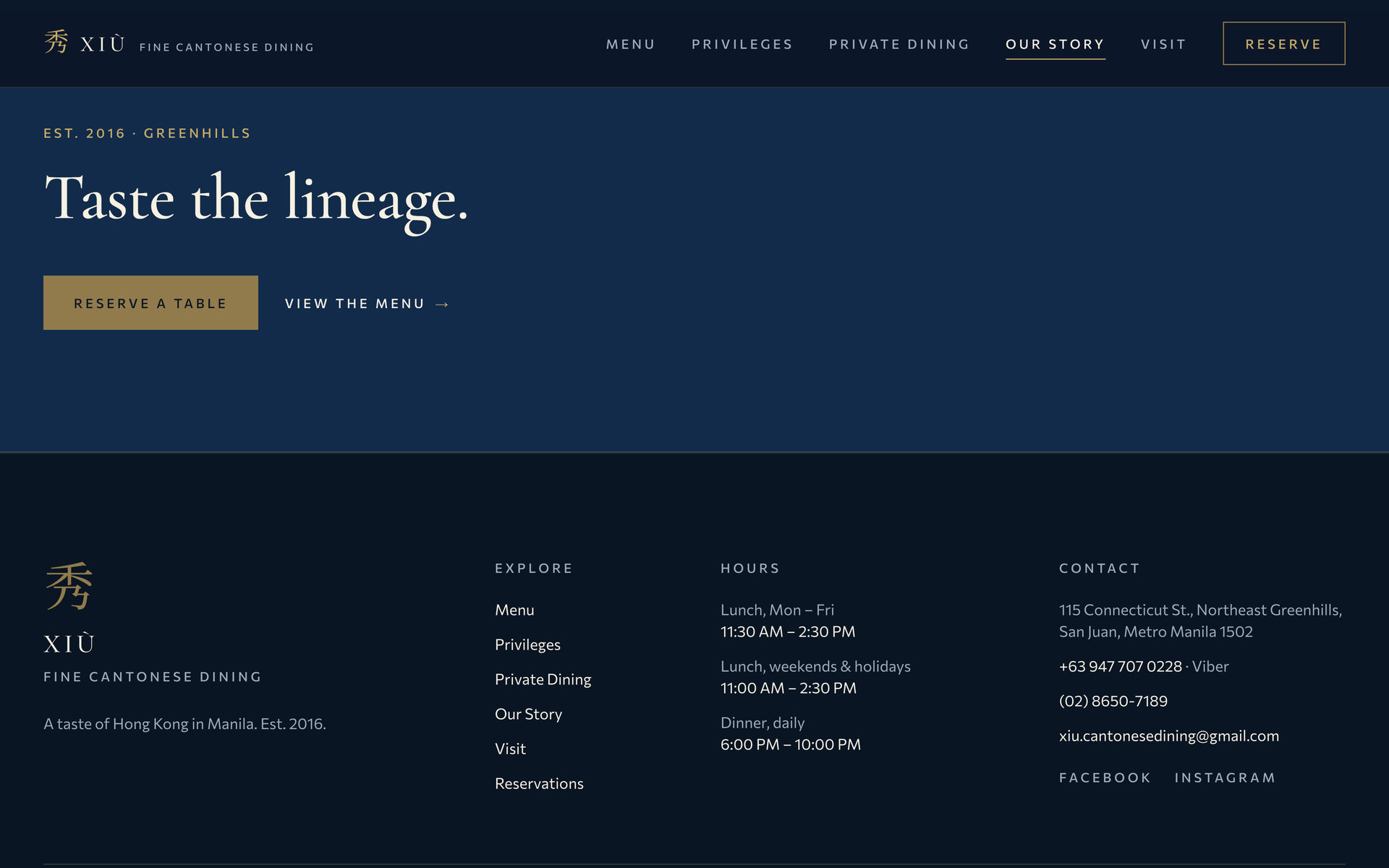 Xiu Fine Cantonese Dining: Closing Call on the Our Story page, desktop